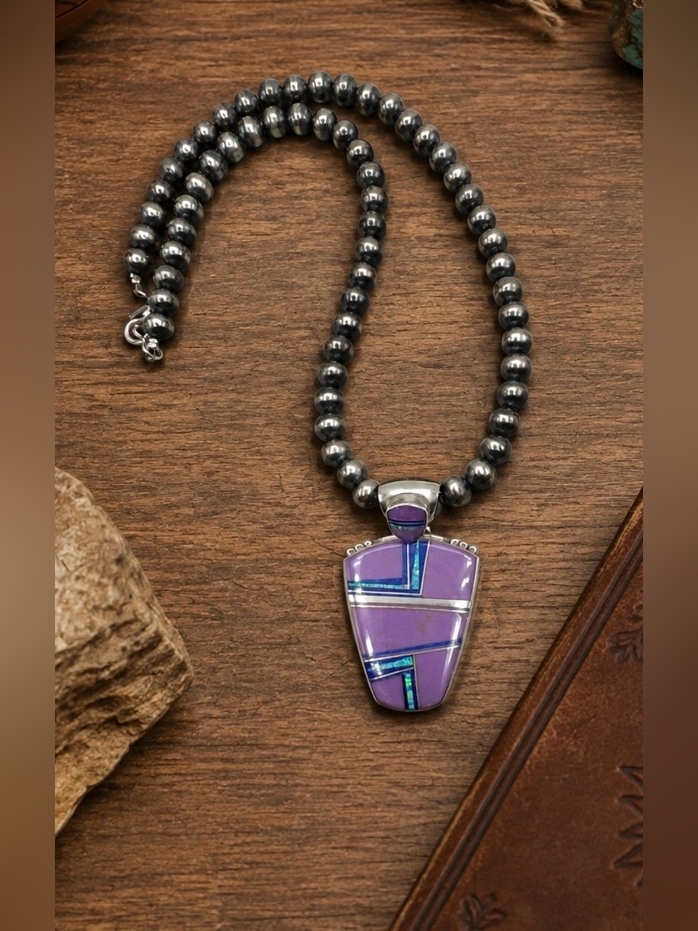 Navajo Pearl Sterling Silver Phosphosiderite Multi Stone Inlay Beaded Necklace